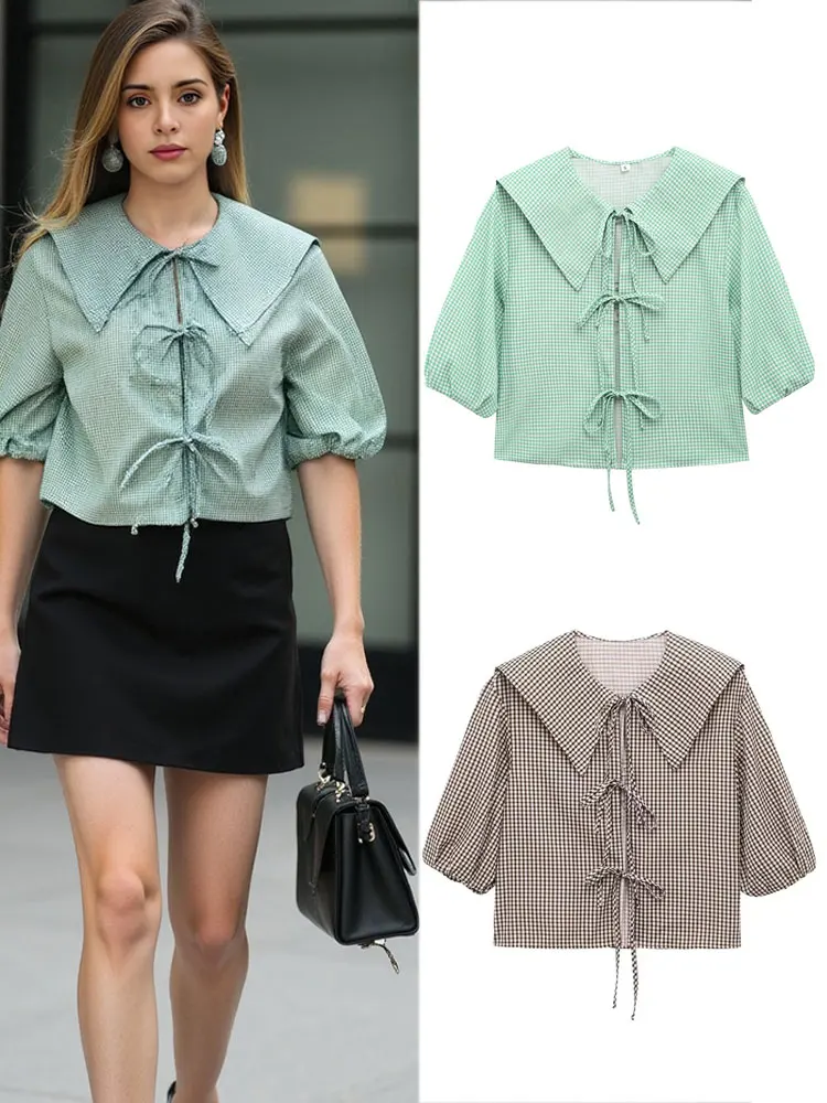 

TRAFZA Chic Bow Decoration Women'S Long-Sleeved Short Shirt Retro Lapel Casual Checkered Top 2025 Summer Women'S Streetwear Y2K