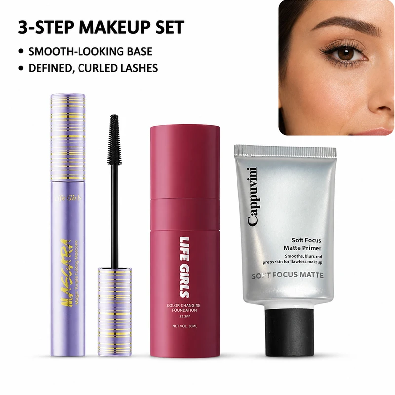 3-Piece Makeup Set Color Changing Foundation Matte Primer Volumizing Lengthening Tubing Mascara Long Lasting Face Eye Beauty Kit