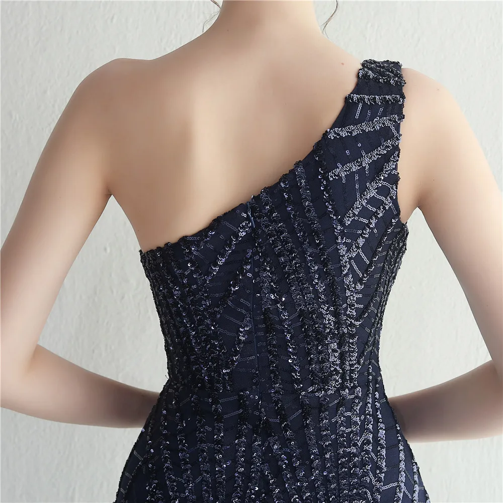 Evening Dress Navy Blue Sequins Stretchy One Shoulder Zipper Mermaid Trumpet Floor Length Slit Women Party Formal Gown YE297