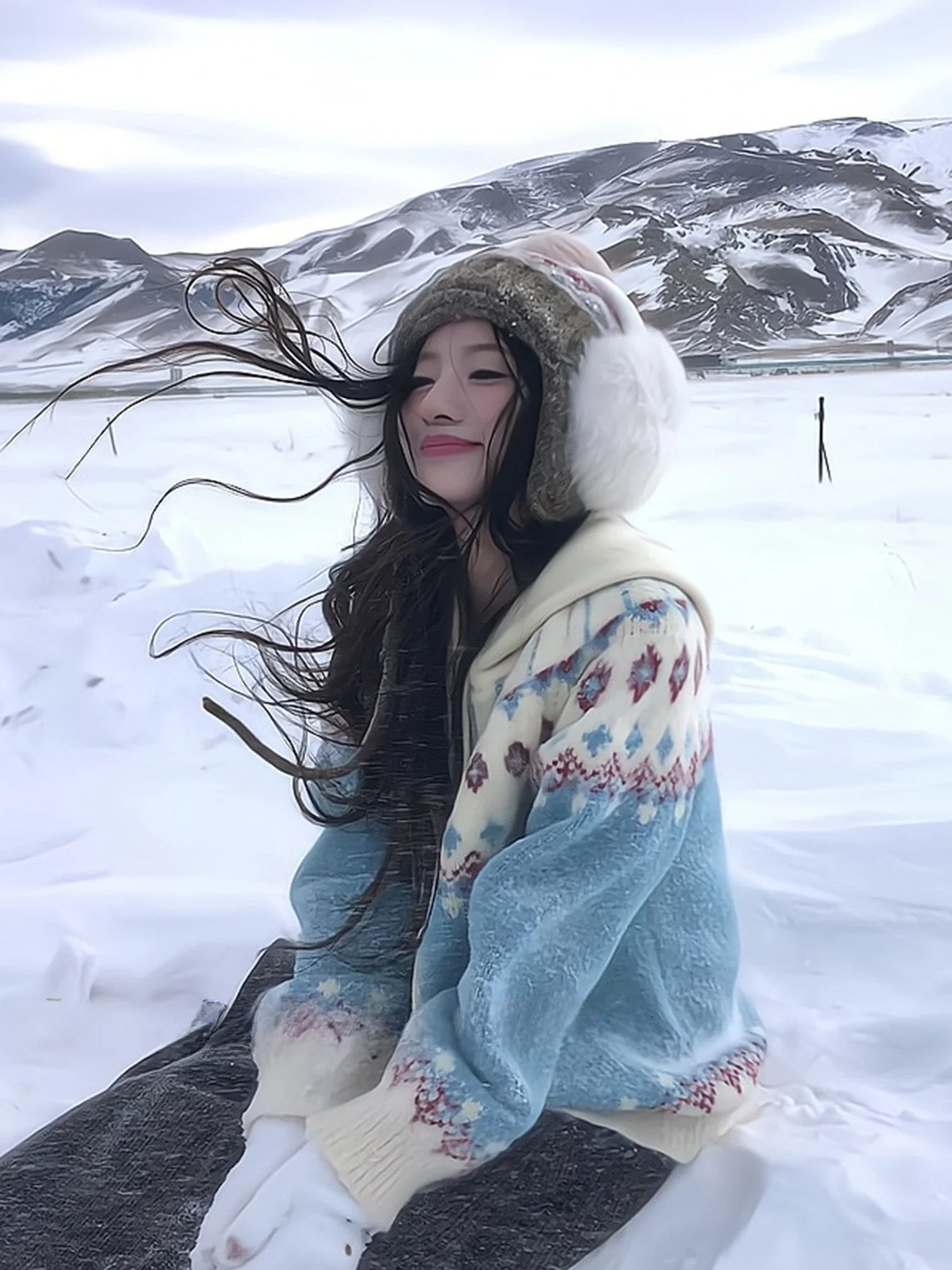 

Синий вязаный кардиган в стиле Fair Isle для женщин, осенне-зимний, в расслабленном стиле, с капюшоном, рождественский, мягкий, во французском стиле, свободного кроя, длинный