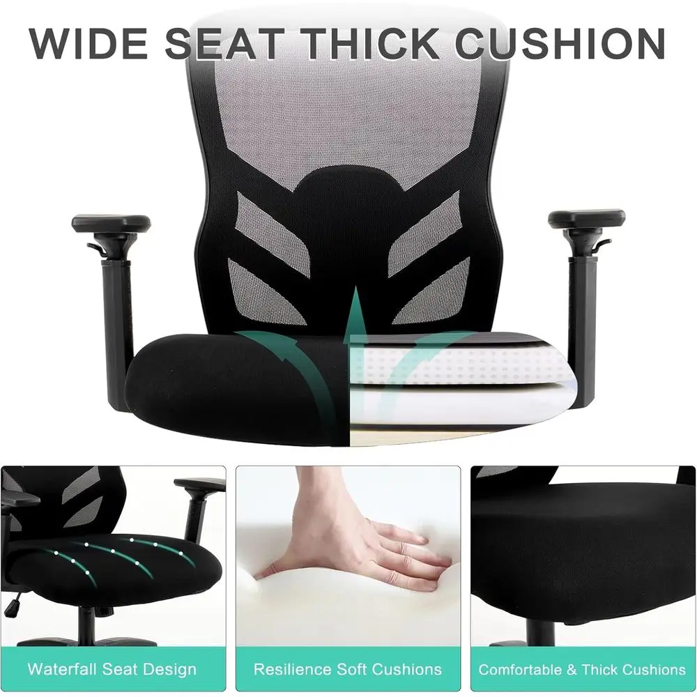 كرسي مكتب شبكي مريح عالي التحمل بسعة 500 رطل، ودعم قطني قابل للتعديل، ومساند للذراعين 4D، ومقعد عريض جدًا لـ Adu