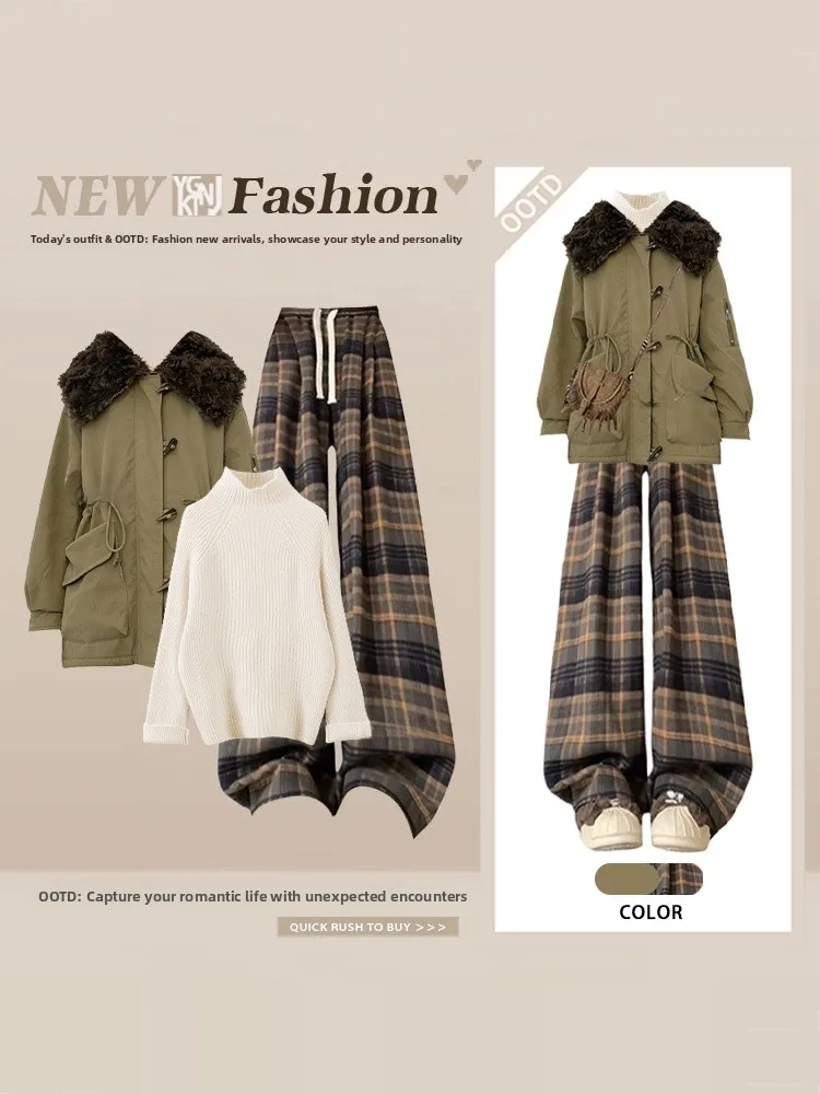 

Warm Plaid Casual Pants Set Women's Loose Color Blo Waist Cotton Jaet Winter Faion Ensemble High Waist Long Sve