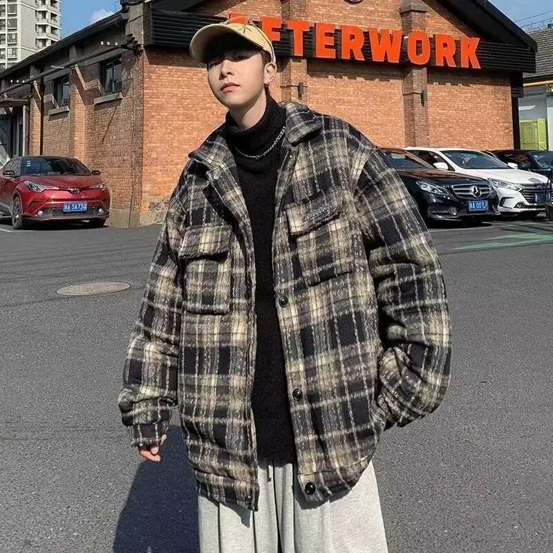 

American Retro Plaid Jaet Men's Spring Autumn Trendy High Street Baseball irt Sle irt Jaet Top Coat