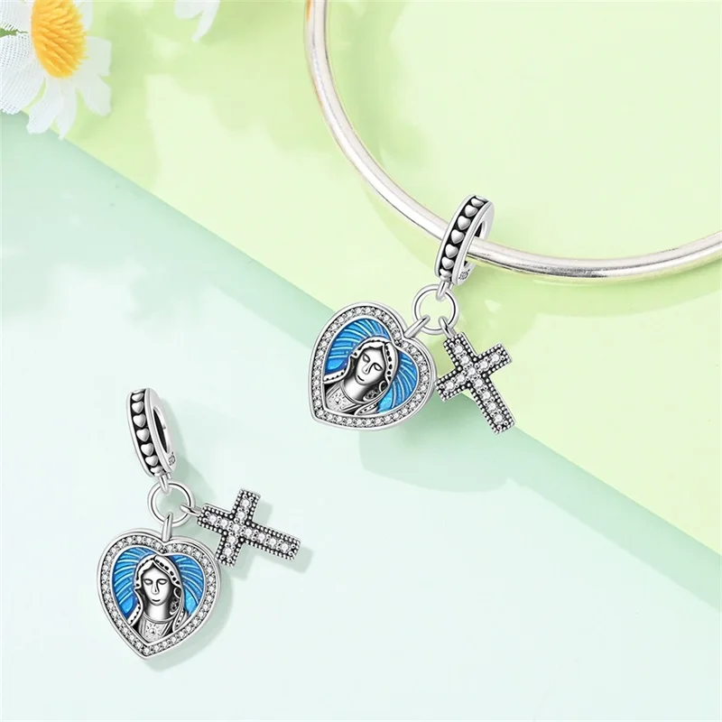 

925 Sterling Silver Blue Girl Cross Charms Pendant For Women Fit Original Bracelet DIY Birthday Party Jewelry Gifts