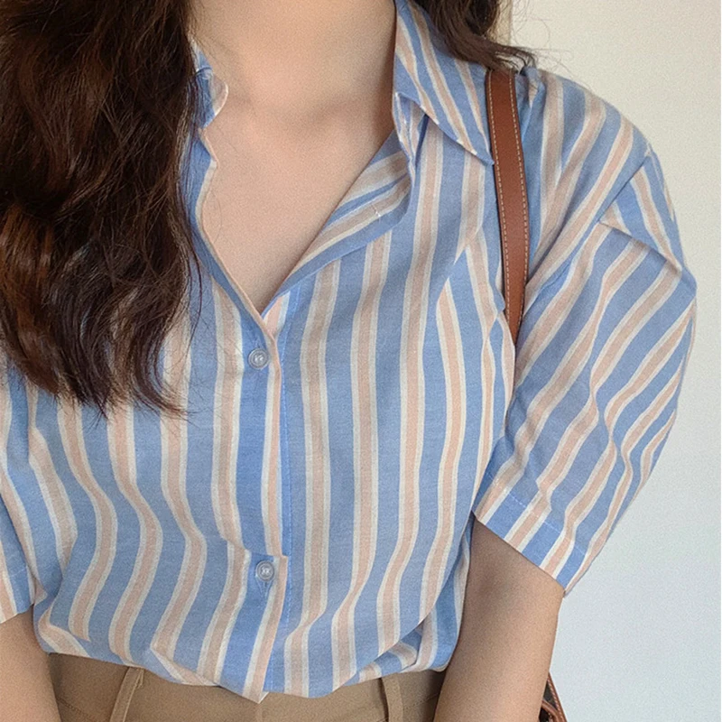 Chic Summer Sweet Fre Milk Soft Blue Striped Turn-down Collar Single Button Loose Casual Bubble Sve irt Women's Faion