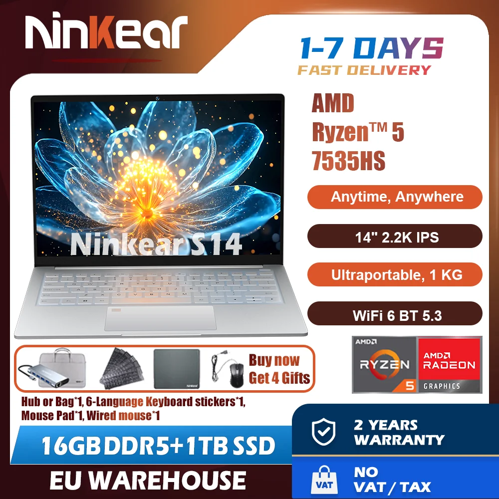 Ordinateur portable ultra portable Ninkear S14 avec 1 kg de poids AMD Ryzen 5 7535HS Écran 14 pouces 2,2K Windows 11 Pro 16 Go LPDDR5 1 To SSD 2 * Port type-c (complet) PD 65 W Charge rapide Idéal pour un bureau mobile très portable Délicieux