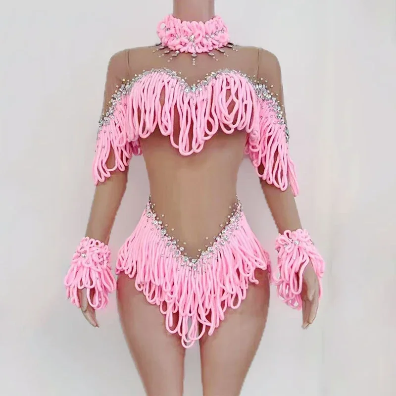 Nightclub Gogo Dance Costume Pink Tassel Long Sleeve Bodysuit Women Party Stage Performance Clothing Sexy Drag Clothes  yj022