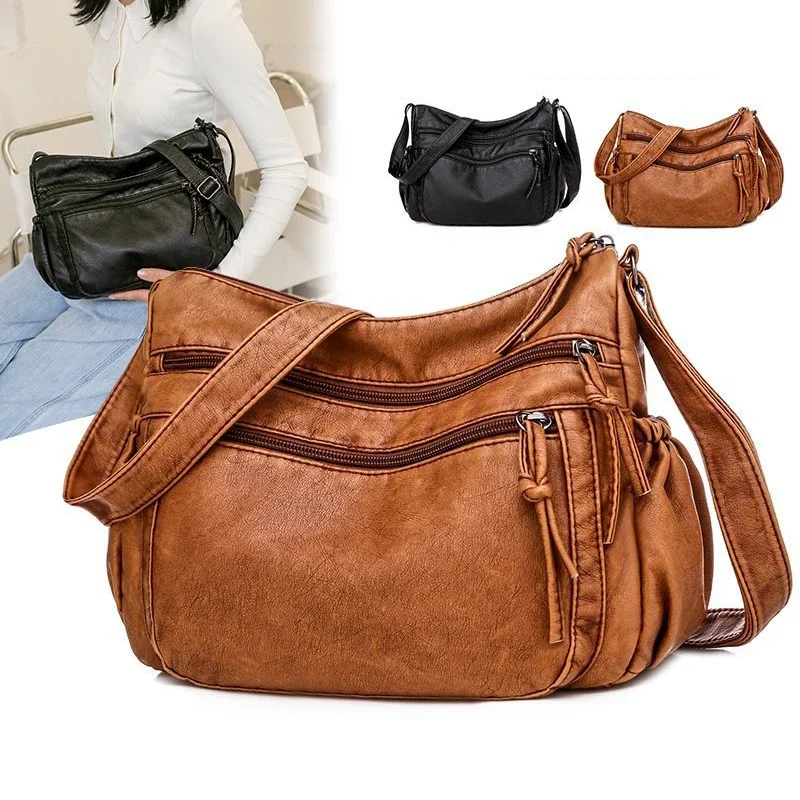 

Washed PU Leather Women's Bag Vintage Shoulder Bag Versatile Black Brown Color Large Capacity Oblique Straddle Bags Holders
