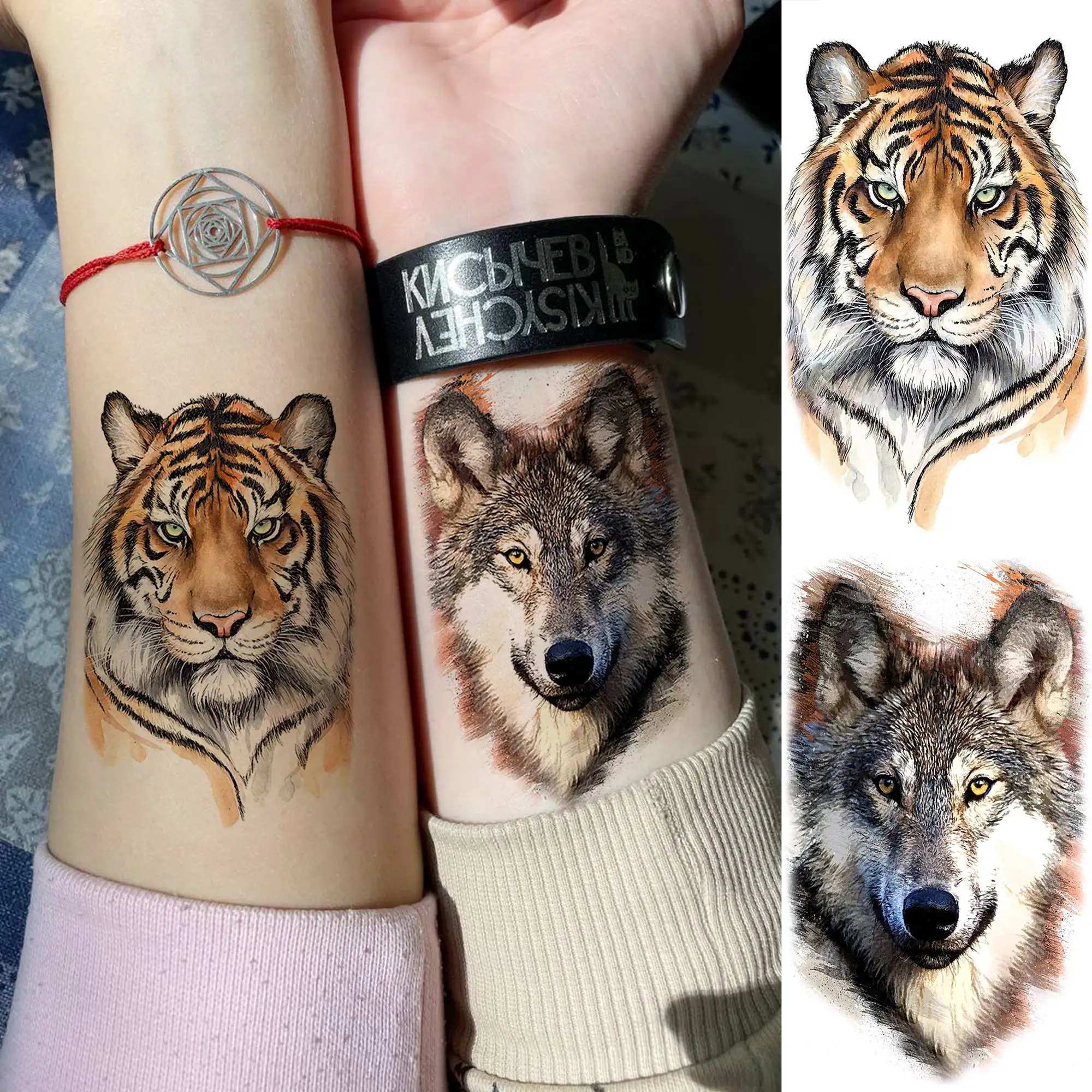 15 Sheets Watercolor Animals Temporary Tattoos For Women Men Adults Arm Neck, 3D Waterproof Fake Lion Wolf Tiger Tattoo Sticker