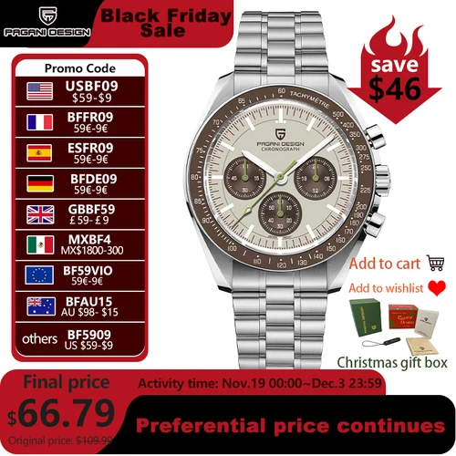 Imagen 1 del producto PAGANI DESIGN-relojes Saturn para hombre, camiseta nueva de lujo, reloj de cuarzo, cronógrafo bronceado claro, reloj de pulsera con cristal de zafiro AR, 2025