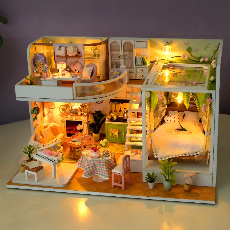 Fai da te moderno Loft Casa Kit modello in miniatura in legno Puzzle 3D Case delle bambole con mobili Casa delle bambole per regali di compleanno degli amici