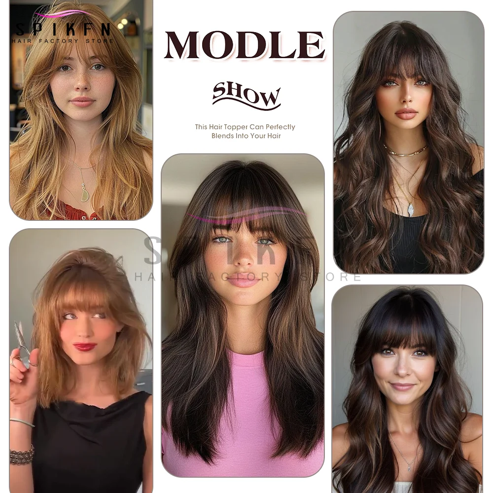 SPIKFN 허니 브라운 헤어 토퍼(뱅 포함) 5x9cm 베이스 네트 리얼 인간 모발 토퍼 8-14인치 내추럴 스트레이트 탑 헤어피스