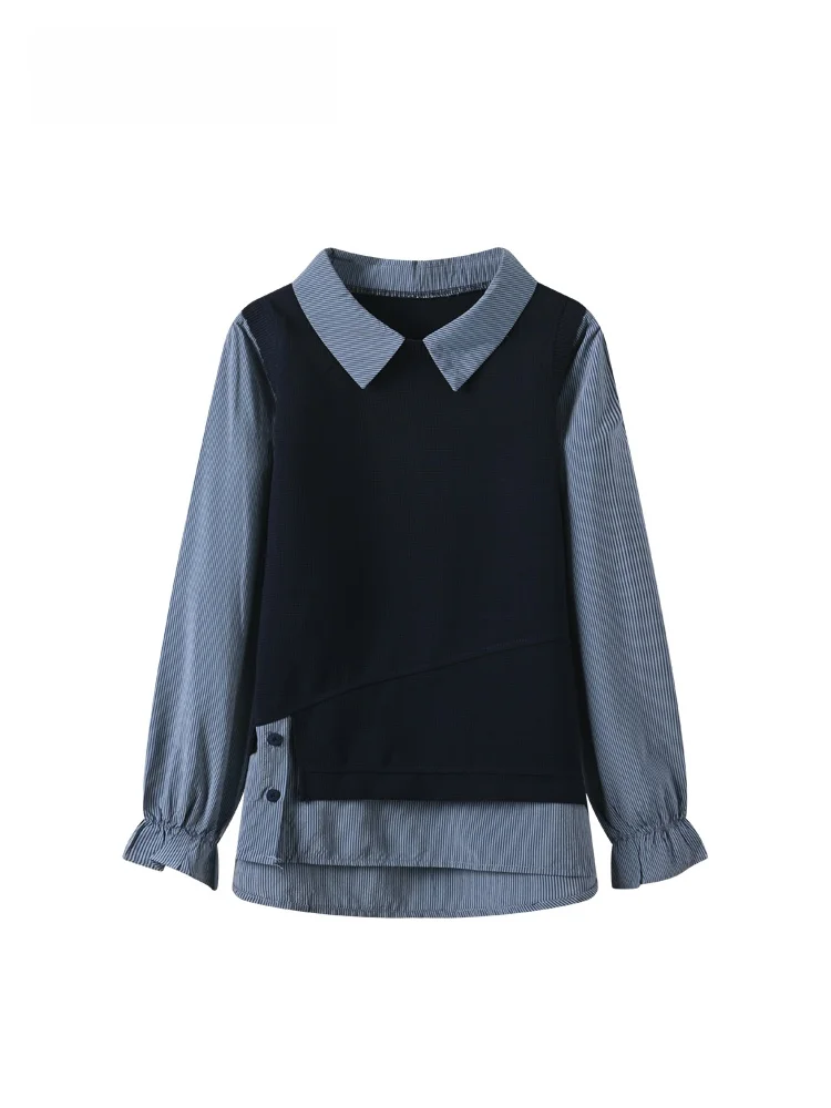 

plus Size Long Sve irt Women's Casual Sle Splice Loose Slimming Top Spring New Arrival Big Sister Polyester Fiber