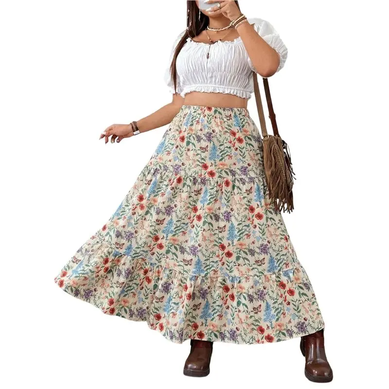 

Boho Floral High Waist Maxi Skirt for Women Flowy Long Casual Resort Summer Apricot XXXL