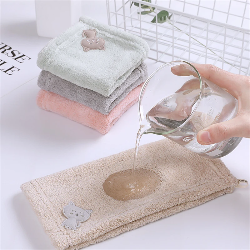 25x25cm Small Square Cartoon Cat Hand Towel Wall Hanging Water Absorbent Kitchen Coral Fleece Clean Dishcloth