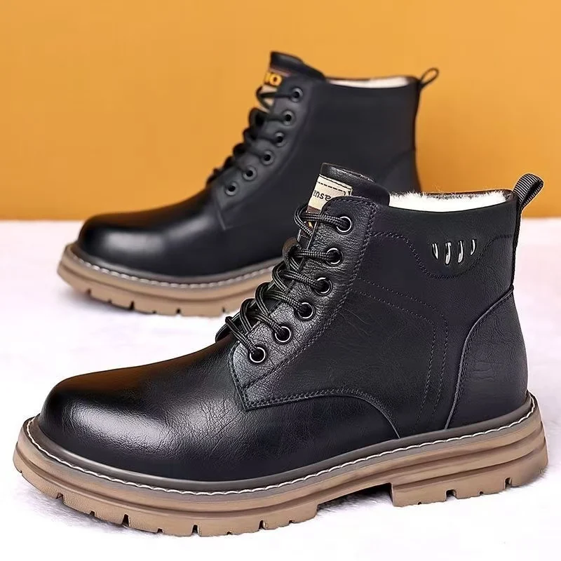 الرجال شتاء جديد جلد عالية أعلى الثلوج الأحذية سميكة وحيد عدم الانزلاق مقاوم للماء أفخم الدافئة الدانتيل يصل كعب منخفض أحذية العمل الأحذية القطنية