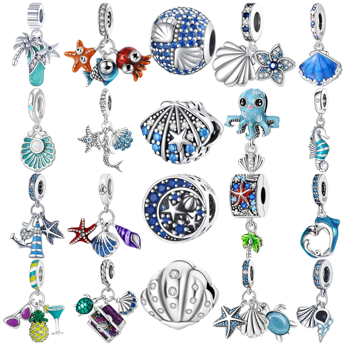 

Original 925 Charms Sterling Silver Shell Starfish Turtle Octopus Beaded Pendant for Pandora DIY Bracelet Ladies Jewelry Gift