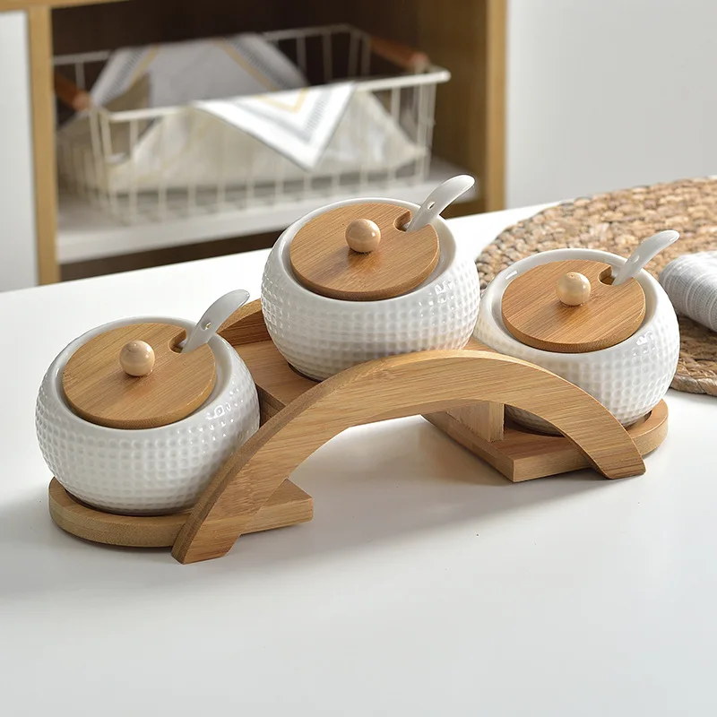 Ceramic Spice Jar with Lid - Bamboo lid holder, ceramic spoon, wooden tray, best for home, kitchen use