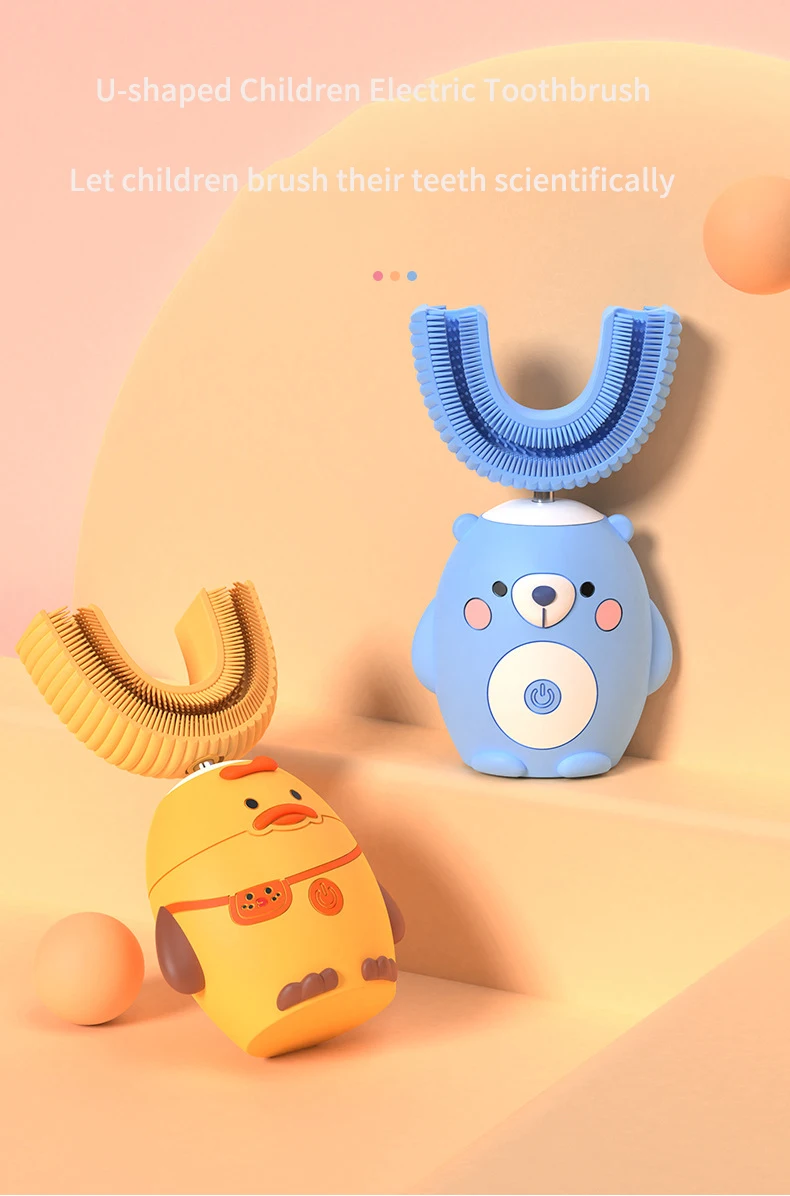 360 Grad automatische U-Form Kinder elektrische Zahnbürste wiederauf ladbare Smart Kids Sonic Zahnbürste Silikon Cartoon blaues Licht – Detail 1