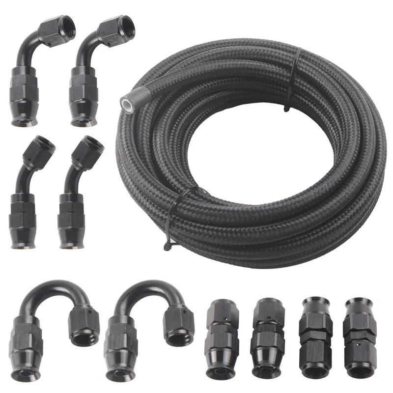 6AN - AN6 Black Nylon Braided E85 PTFE Fuel Line 20ft 10 Fittings Hose Kit Gas Cooler Hose Braided Inside CPE Rubber