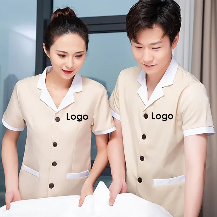 customize Single Breasted Tunic Hotel housekeeping uniform cleaner staff maid workwear print embroidery custom logo uniform