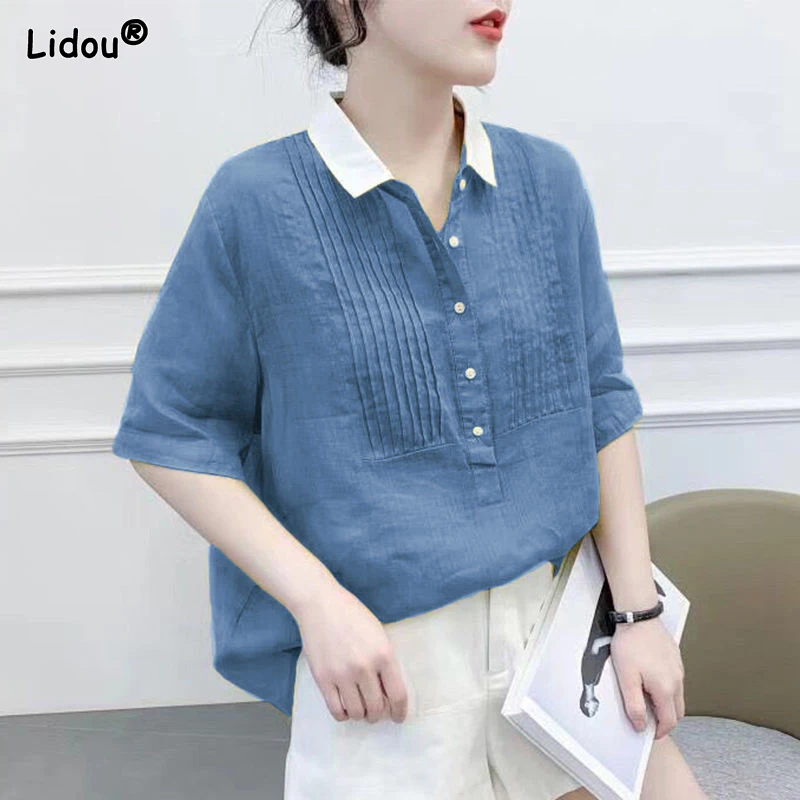 

New Women's Clothing Intellectual Turn-down Collar Dignified Button Solid Casual Summer Thin Patchwork Loose Simplicity Blouses