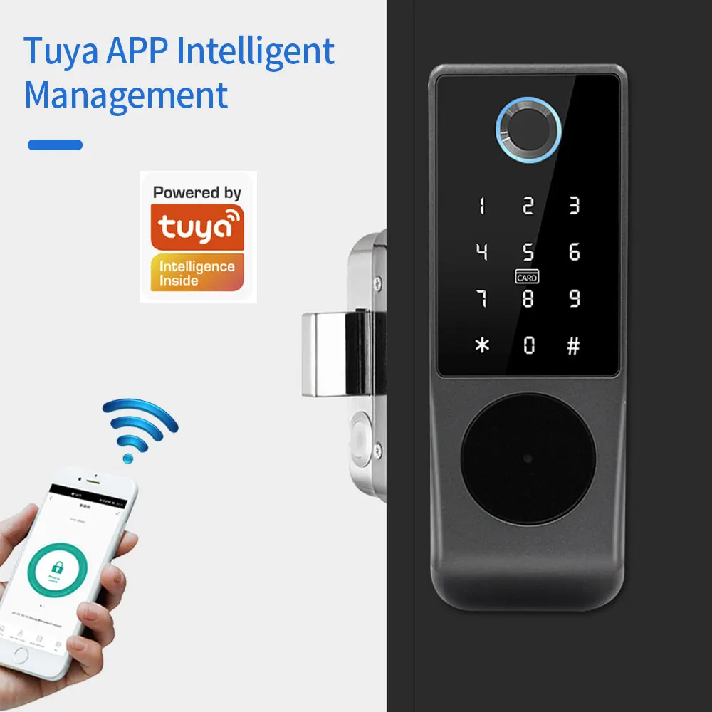 Waterproof Tuya Wifi Remote Control Fingerprint Motor Rim Lock Card Code Smart Door Lock Work for Google Alexa Echo