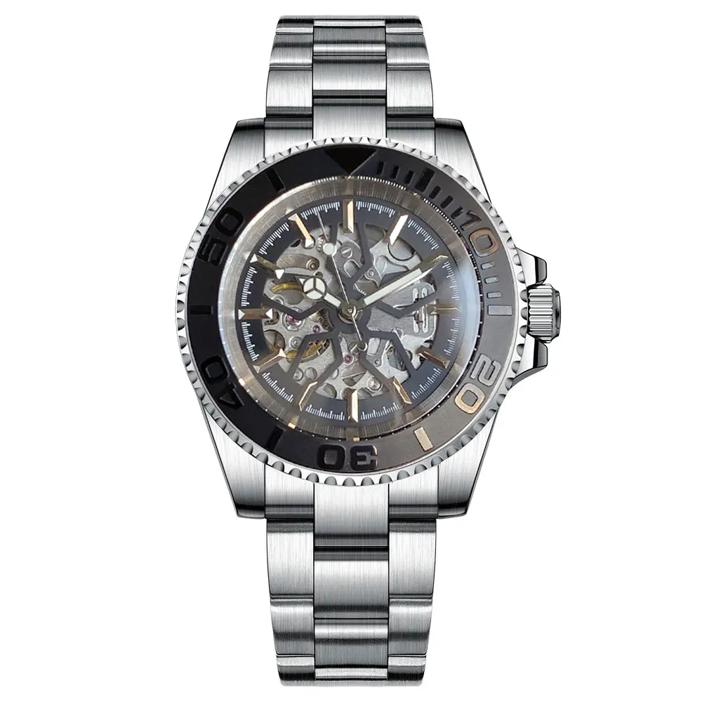 Tandorio NH70 40mm Men's Mechanical Watch Hollow Skeleton Black/White Floral Dial Snowflake Hands Brushed Case Jubilee Oyster