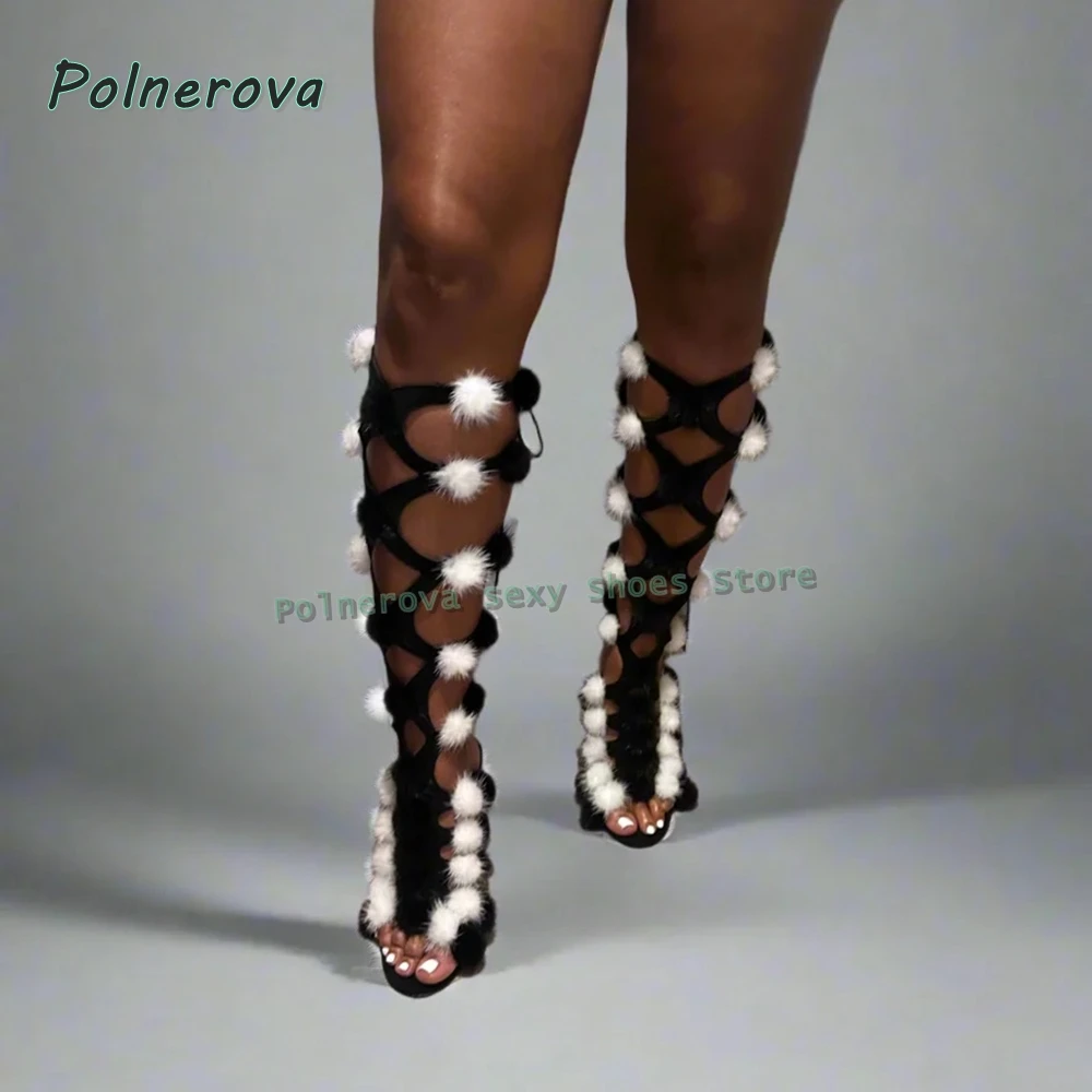 أبيض وأسود الفراء بوم بوم مثير المصارع المفتوحة تو خنجر قطع مختلط الألوان عبر تعادل حار فتاة حذاء برقبة للركبة الصيف