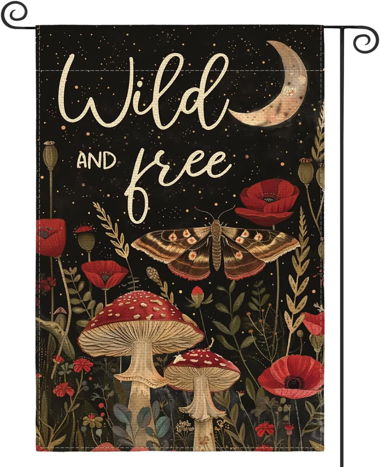 AVOIN colorlife Wild and Free Garden Flag 12x18 Inch Double Sided Outside, Mushroom Moon and Moth Yard Outdoor Flag XXP EEU SSL