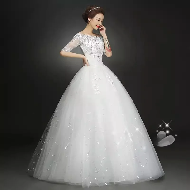 It's Yiiya Wedding Dresses White Crystal Bling Off the Shoulder Lace up Princess Floor-length Plus sizw Bride Ball Gowns XN083