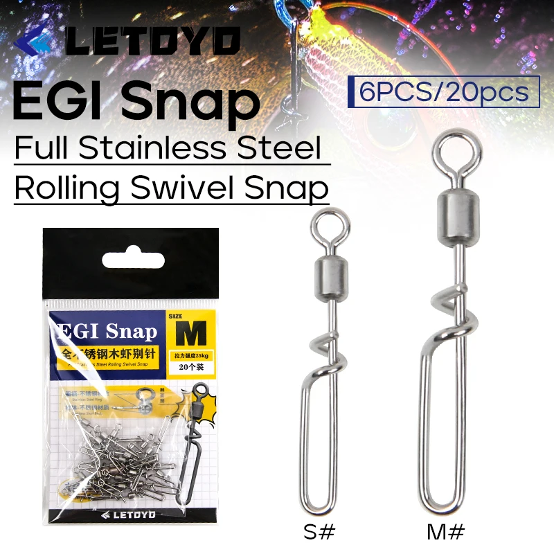 

LETOYO Full Stainless Steel Rolling Swivel 6-20Pcs Squid Egi Snap for 1.5#-4.0# cuttlefish fishing jigs egi lure squid jig
