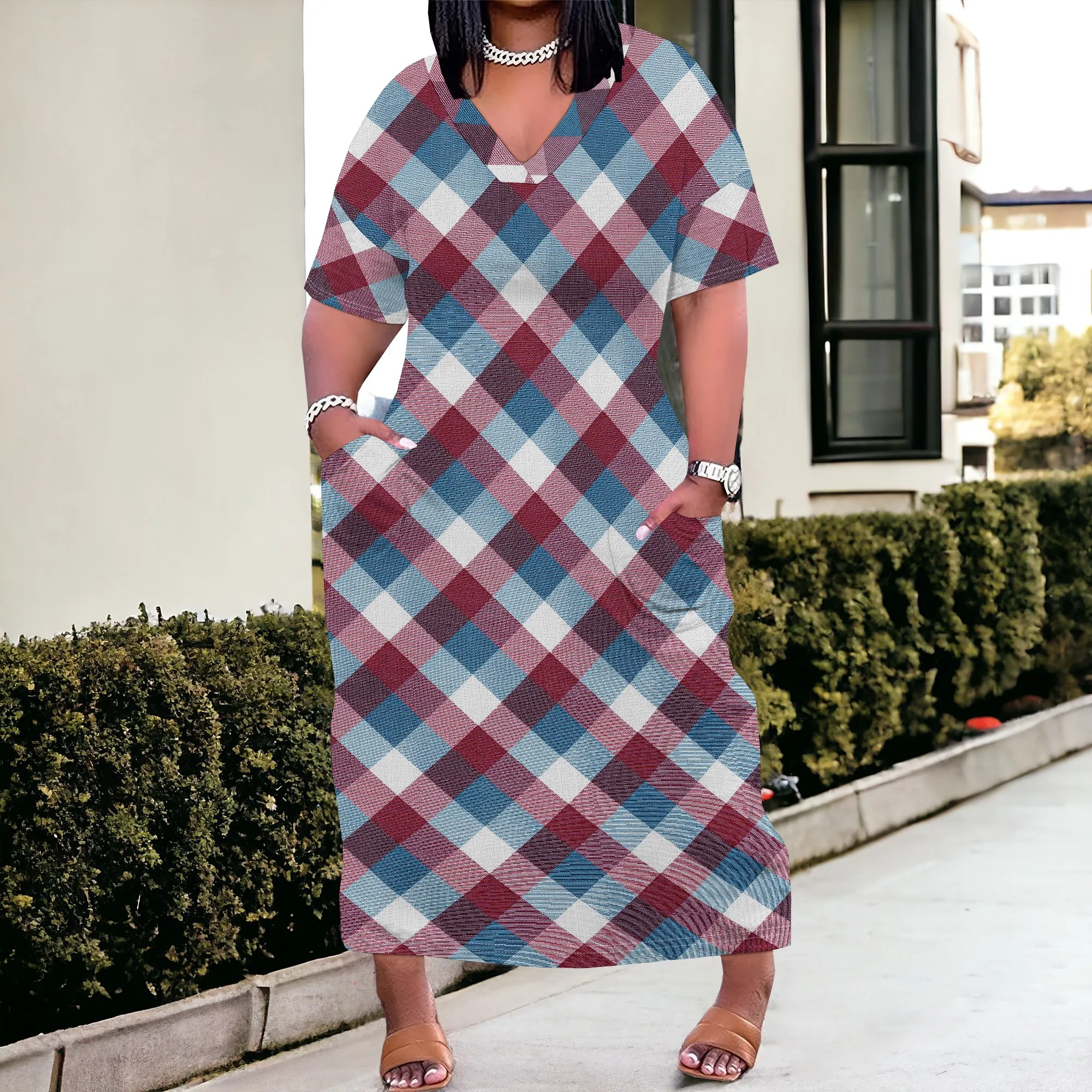 

Plus Size Women's Plaid V-Neck Maxi Dress 2025 Summer Casual Beach Party Dress XL-6XL
