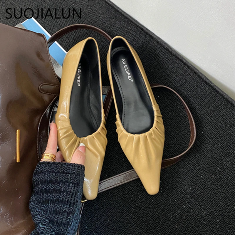 SUOJIALUN 2024 Spring New Women Flat Shoes Fashion Pleated Pointed Toe Ladies Ballerinas Shoes Flat Heel Shallow Slip On Ballet