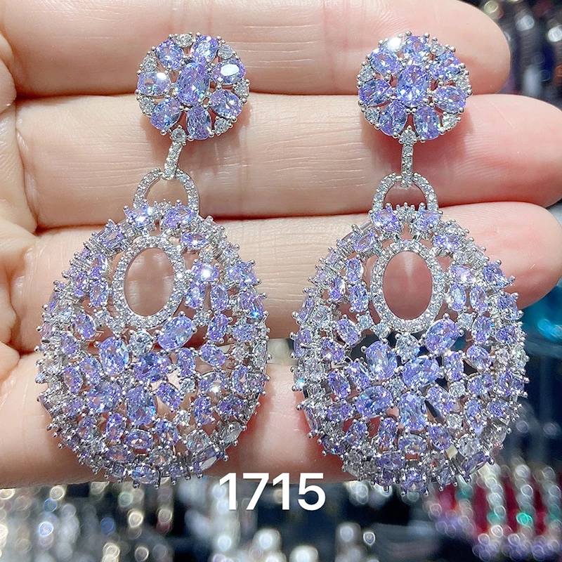 Luxury Purple Dangle Earrings for Women Cubic Zirconia Drop Earrings for Bride Elegant Wedding Jewelry Gift Female