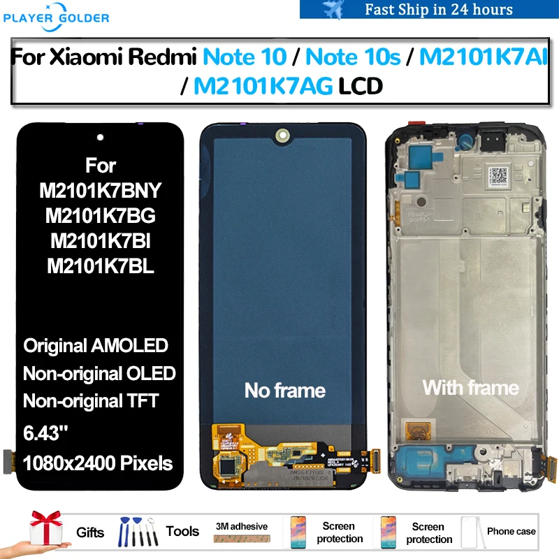 Original AMOLED For Xiaomi Redmi Note 10 Note 10s M2101K7AI Pantalla lcd Display Touch Panel Screen Digitizer Assembly OLED TFT