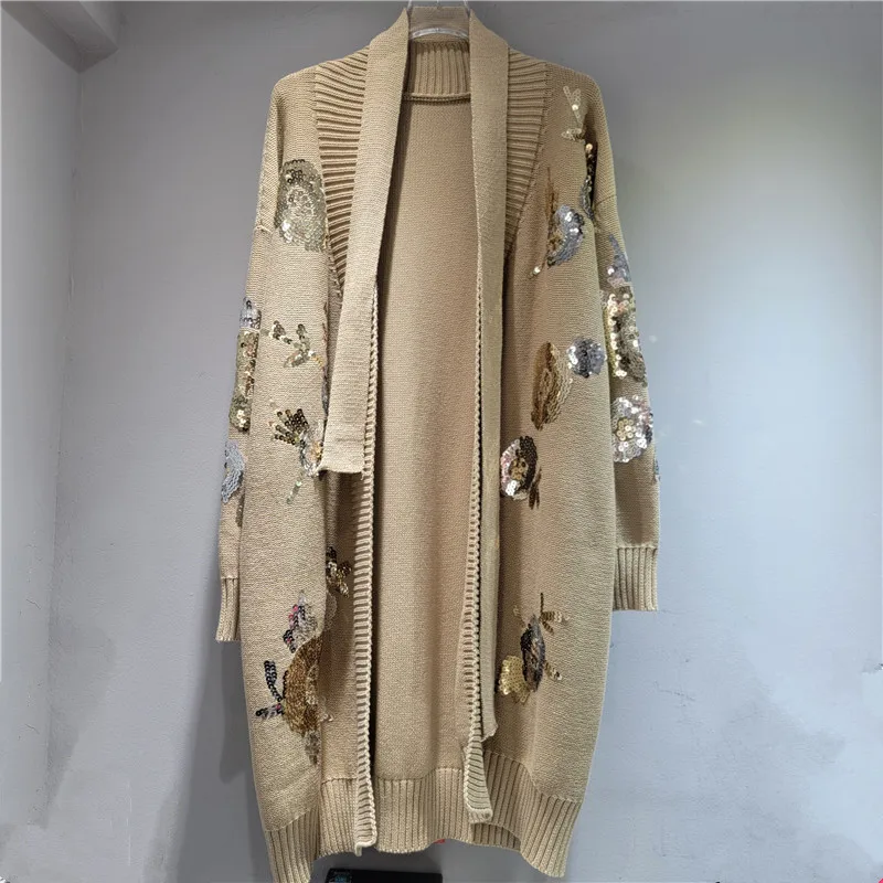 เสื้อคลุมคาร์ดิแกนถักไหมพรมยาวประดับดอกไม้ปักเลื่อมหรูหราสำหรับผู้หญิง พร้อมเสื้อคลุมไหมพรมคอวีประดับลูกปัดและเข็มขัด