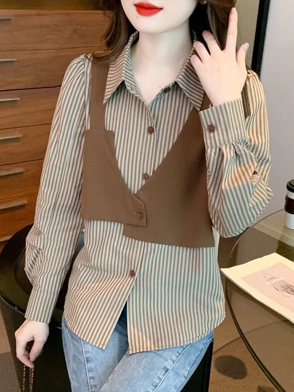 

Женская полосатая свободная рубашка с длинным рукавом, осень 2025, новый дизайн, универсальная повседневная модная рубашка в корейском стиле для офиса