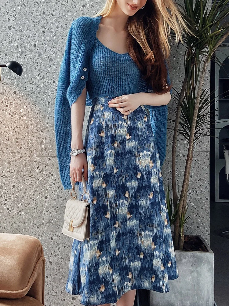 Dabuwawa Spring Autumn Female Trend Vintage Print High Waist A-Line Chiffon Long Skirt Women Bottoms 2023 DF1CSK010