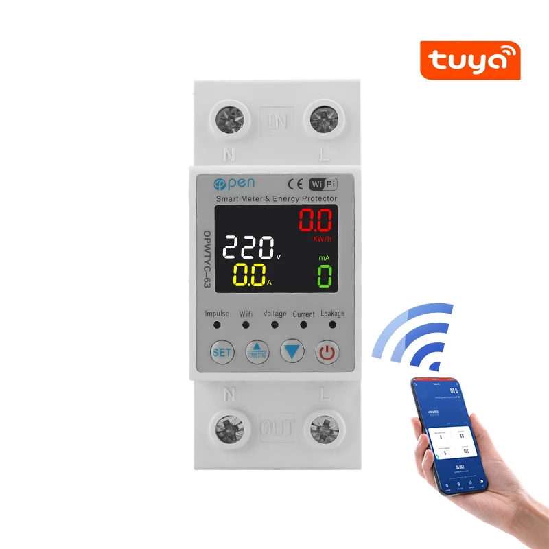 63A TUYA APP WiFi Smart Circuit Earth Leakage Over Under Voltage Protector Relay Device Switch Breaker Energy Power kWh Meter