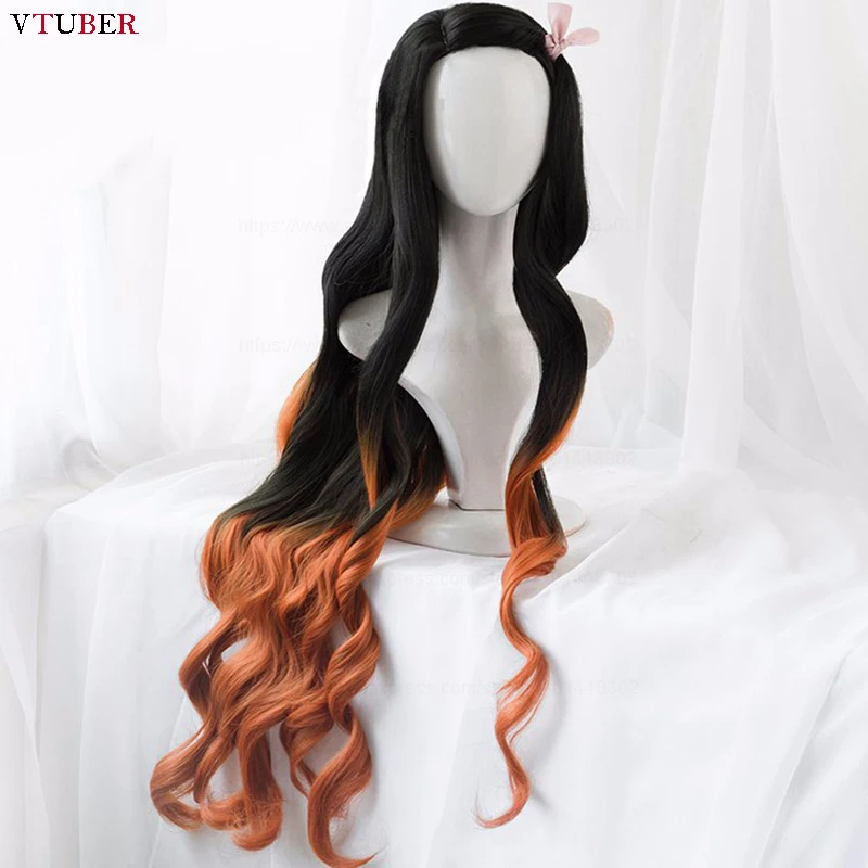 Dyeing Kamado Nezuko Cosplay Wig High Quality 95cm Gradient Long Curly Heat Resistant Synthetic Hair Anime Cosplay Wigs + WigCap