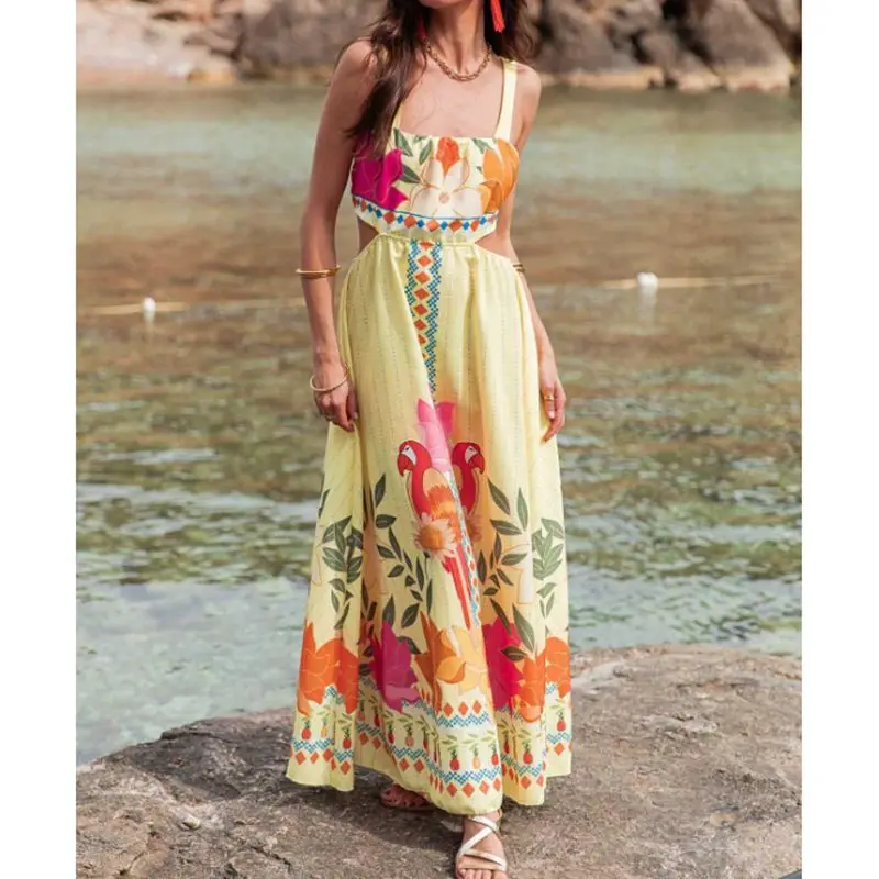 Combhasaki Vrouwen Boho Mouwloze Vierkante Hals Backless Grote Strik Gebonden Uitgeholde Bloemenprint Zomer Uitsparing A-lijn Tank Lange Jurk