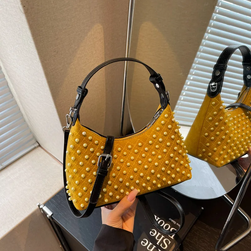 

Autumn New Suede Dumpling Bag Women, Korean Version Retro Handbag, Embroidered Thread Pearl Messenger Bag, Niche Design