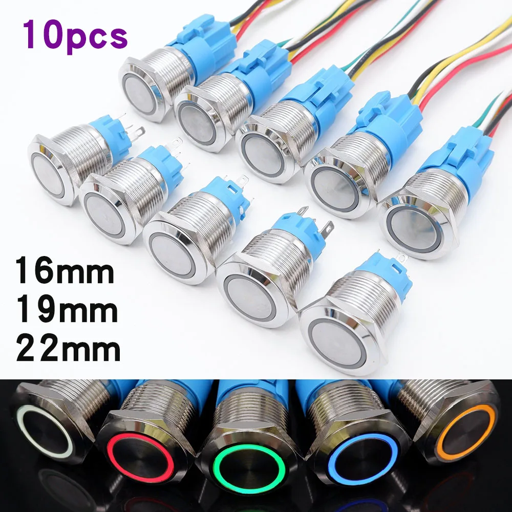 10pcs Metal Button Switch 16mm 19mm 22mm Push Ignition Button For Car LED Lights Waterproof Lock Self-reset Flat Head 5V 12V 24V