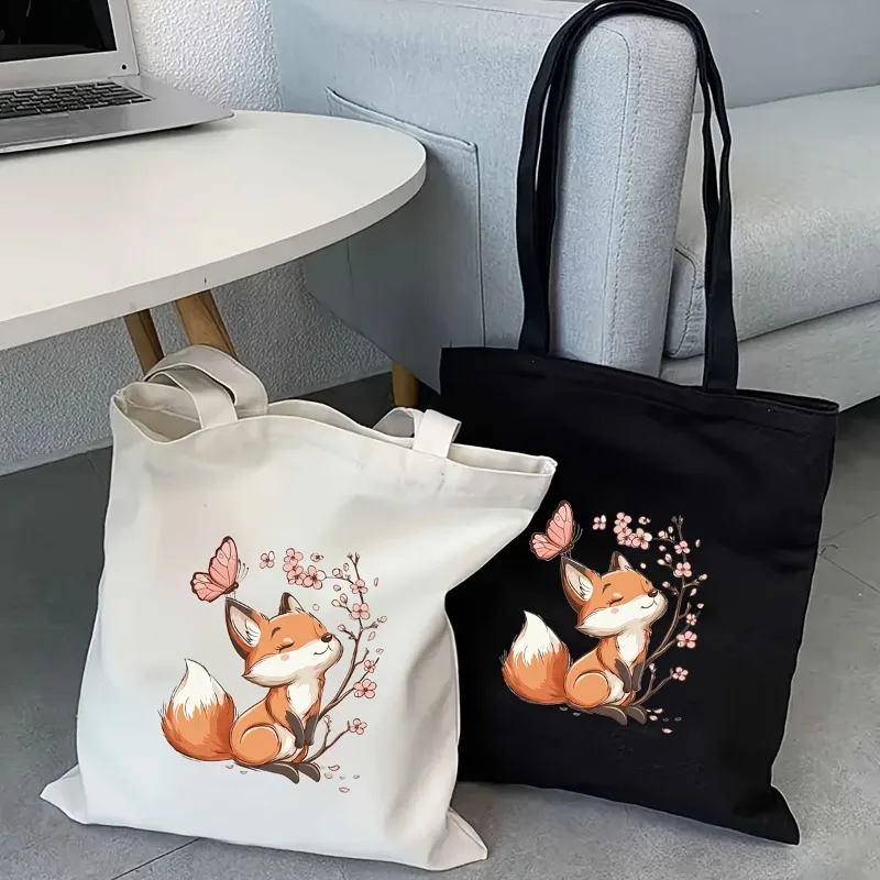 حقيبة يد نسائية مطبوعة على شكل زهر الثعلب والكرز، حقيبة كتف سوداء بسيطة، تصميم متين، مناسبة للتسوق والسفر والعمل