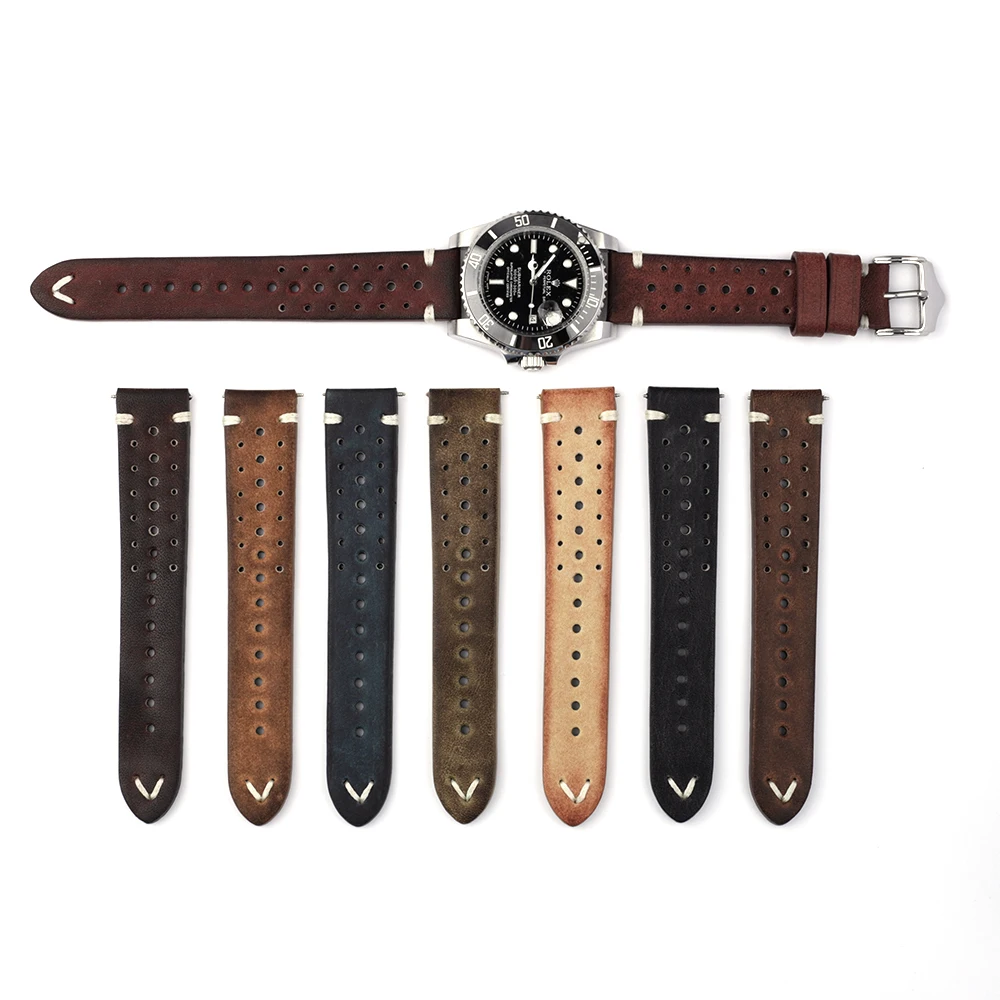 

Винтажный цветной ремешок для часов из натуральной кожи, пористый дышащий браслет ручной работы, 20 мм, 22 мм, 24 мм, ремешок для часов для мужчин