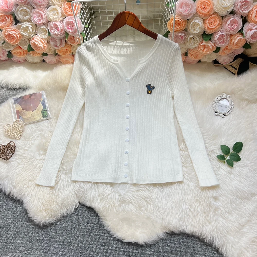 

YuooMuoo Chic Fashion Denim Letter Patchwork Knitted Tops Women Autumn Winter Long Sleeve Ribbed Cardigans Sweaters Lady Shirts