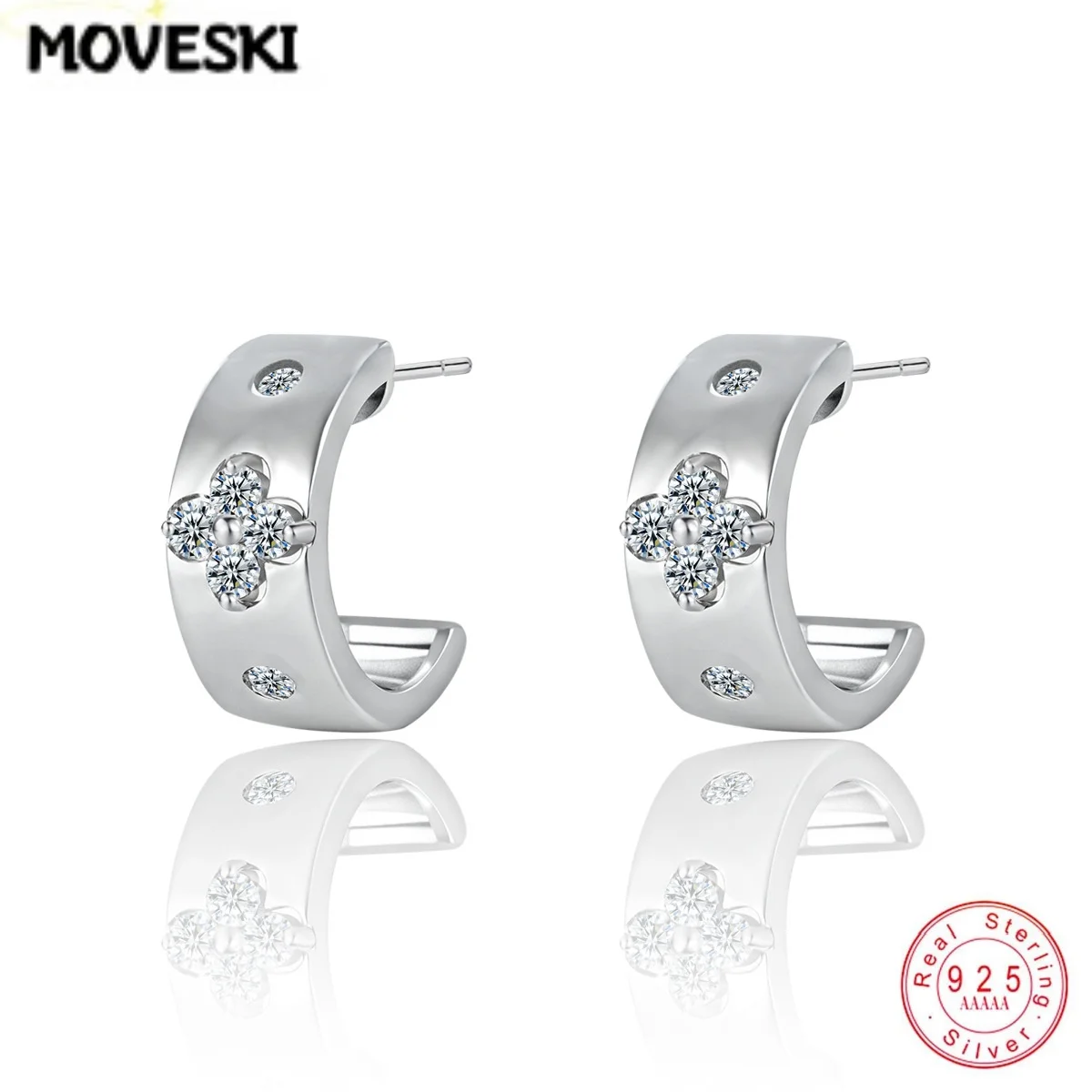 925 Sterling Silver Flower Moissanite Huggie Hoop Earrings Women C Shape Half Hoop Earrings Sparkling Silver Piercing Jewelry