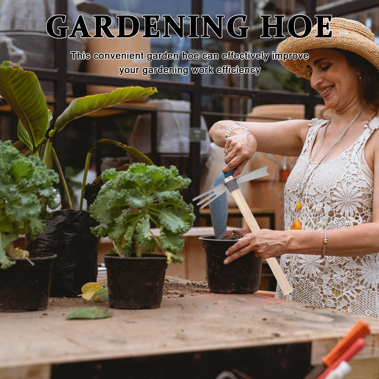 

1pc Small Garden Hoe Tool Wooden Handle Metal Blade For Digging, Weeding, Planting, Bonsai, Vegetable Farming, Portable Hand