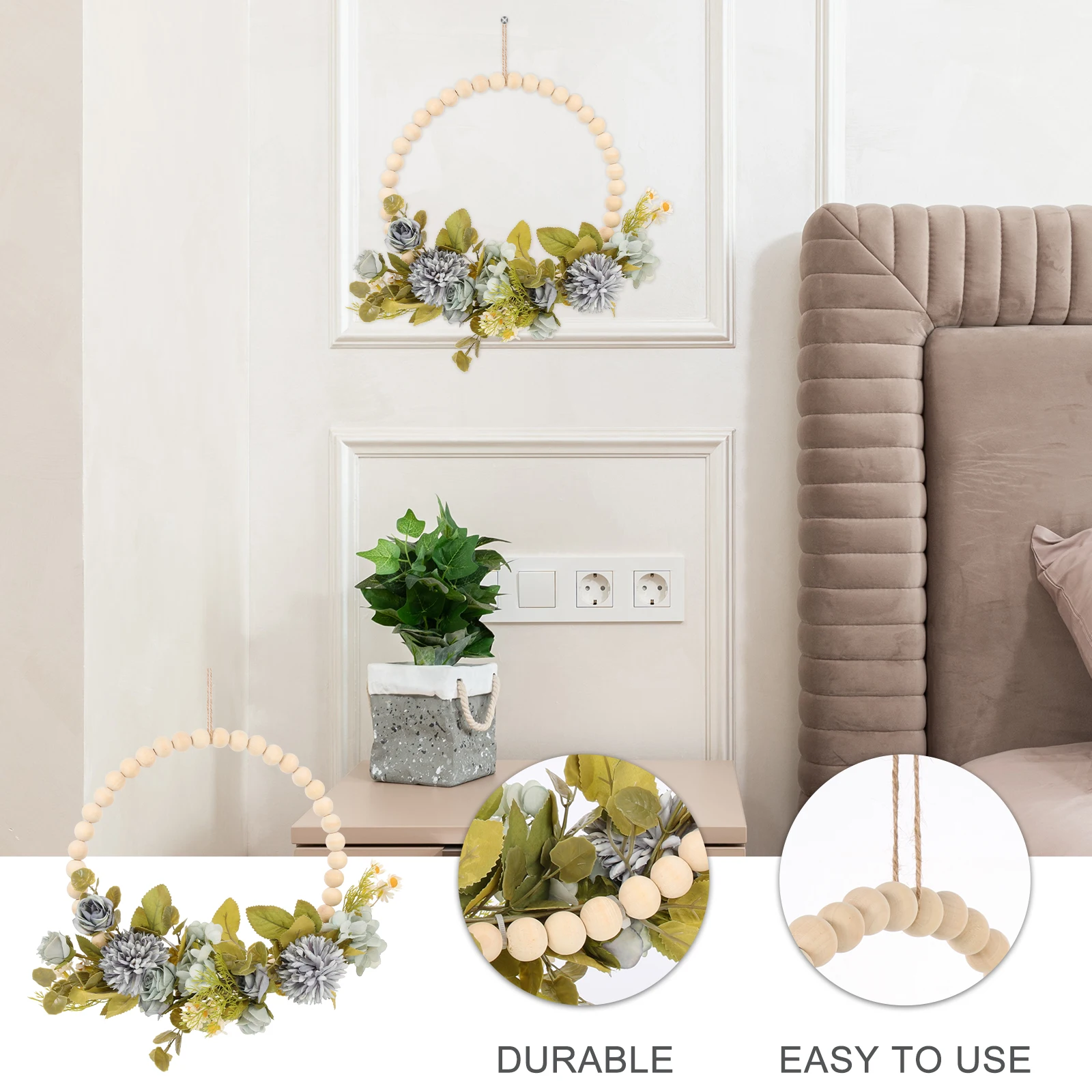 

Faux Wood Bead Home Wreath Hanging nament Plant Prop Rustic Decor Spring WeddingVintage Door Sign Flower